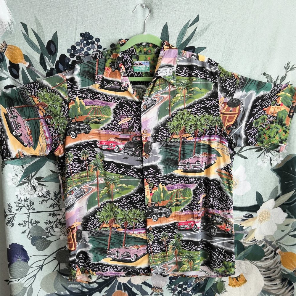 Vtg Reyn Spooner Mens Muscle Cars Drive In Coastal Beach Camp Shirt Size L / XL